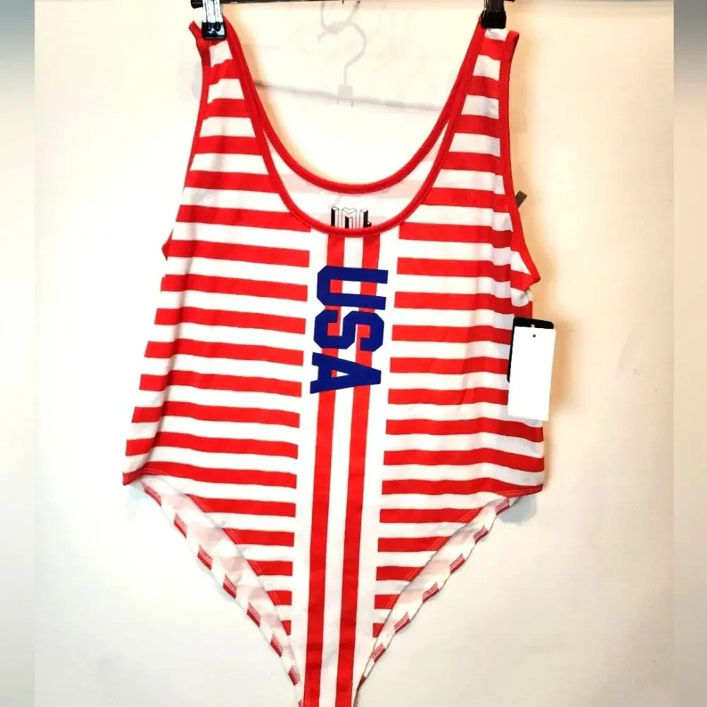 New Red & White One Piece Swimsuit Tank‎ USA Striped Bathing Suit Size XXL